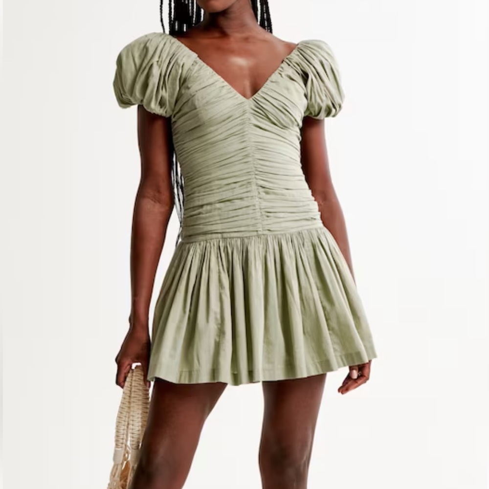 Abercrombie & Fitch Drama Puff Sleeve Ruched Mini Dress in Olive size S